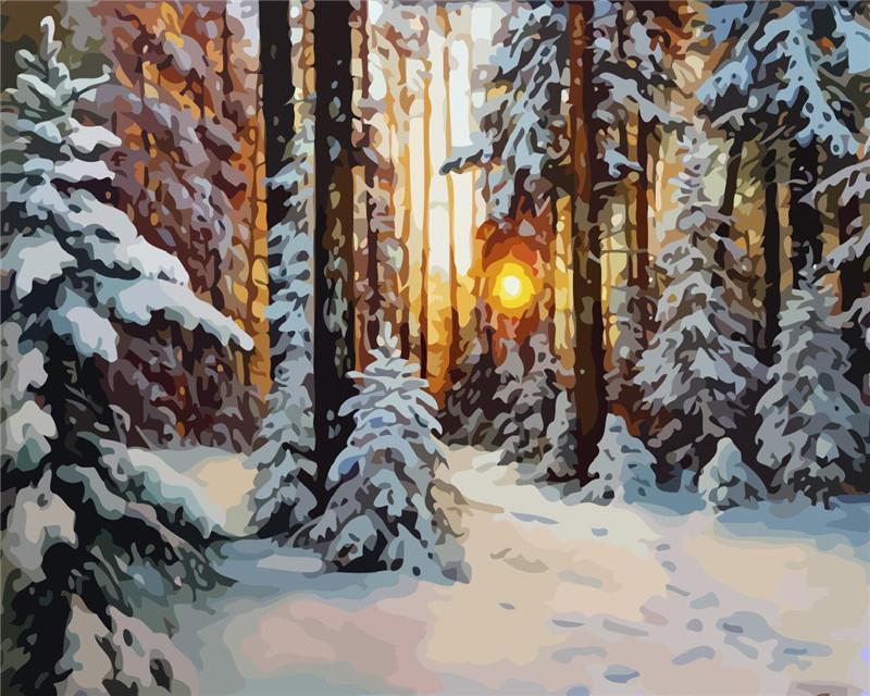 Bosque de Pinos y Nieve al Atardecer Pintar por Números