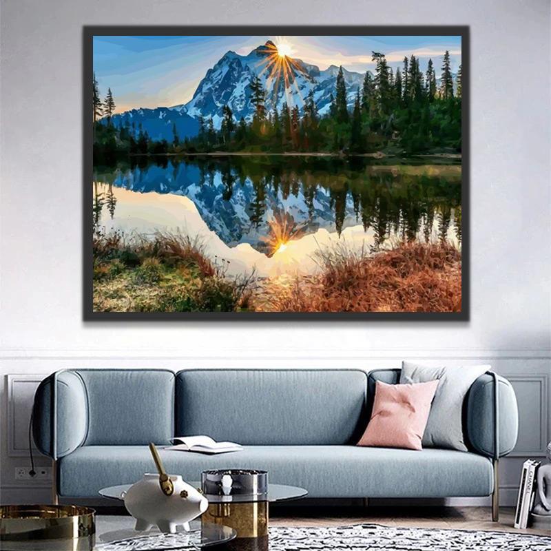 Bosque y Montañas Nevadas al Sol Pintar por Números