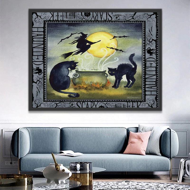 Bruja y Dos Gatos de Halloween Pintar por Números