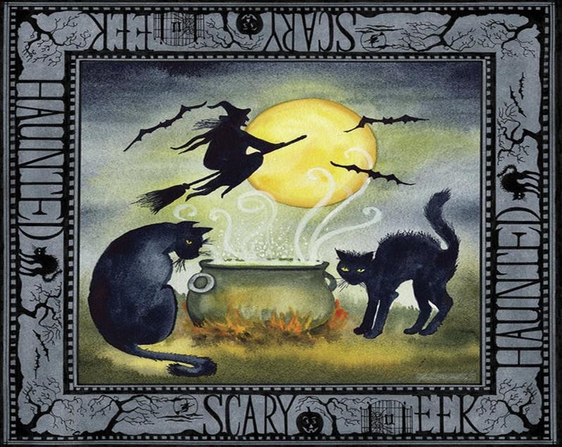 Bruja y Dos Gatos de Halloween Pintar por Números