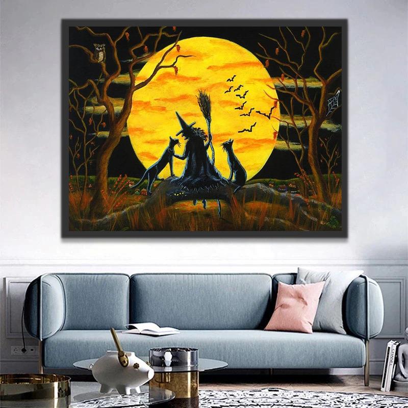 Bruja y Gatos de Halloween con la Luna Pintar por Números