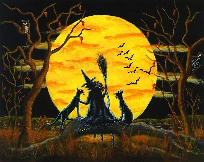 Bruja y Gatos de Halloween con la Luna Pintar por Números