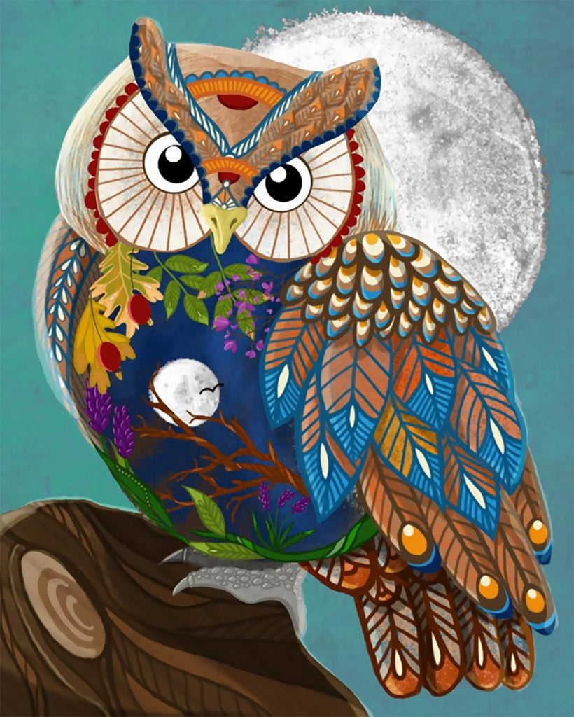 Búho con Hojas y Plumas Coloridas Pintar por Números