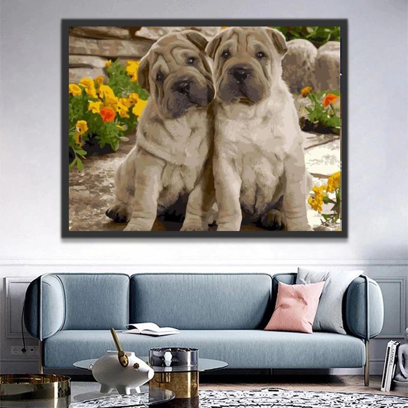 Bulldog Lindo y Flores Amarillas Pintar por Números