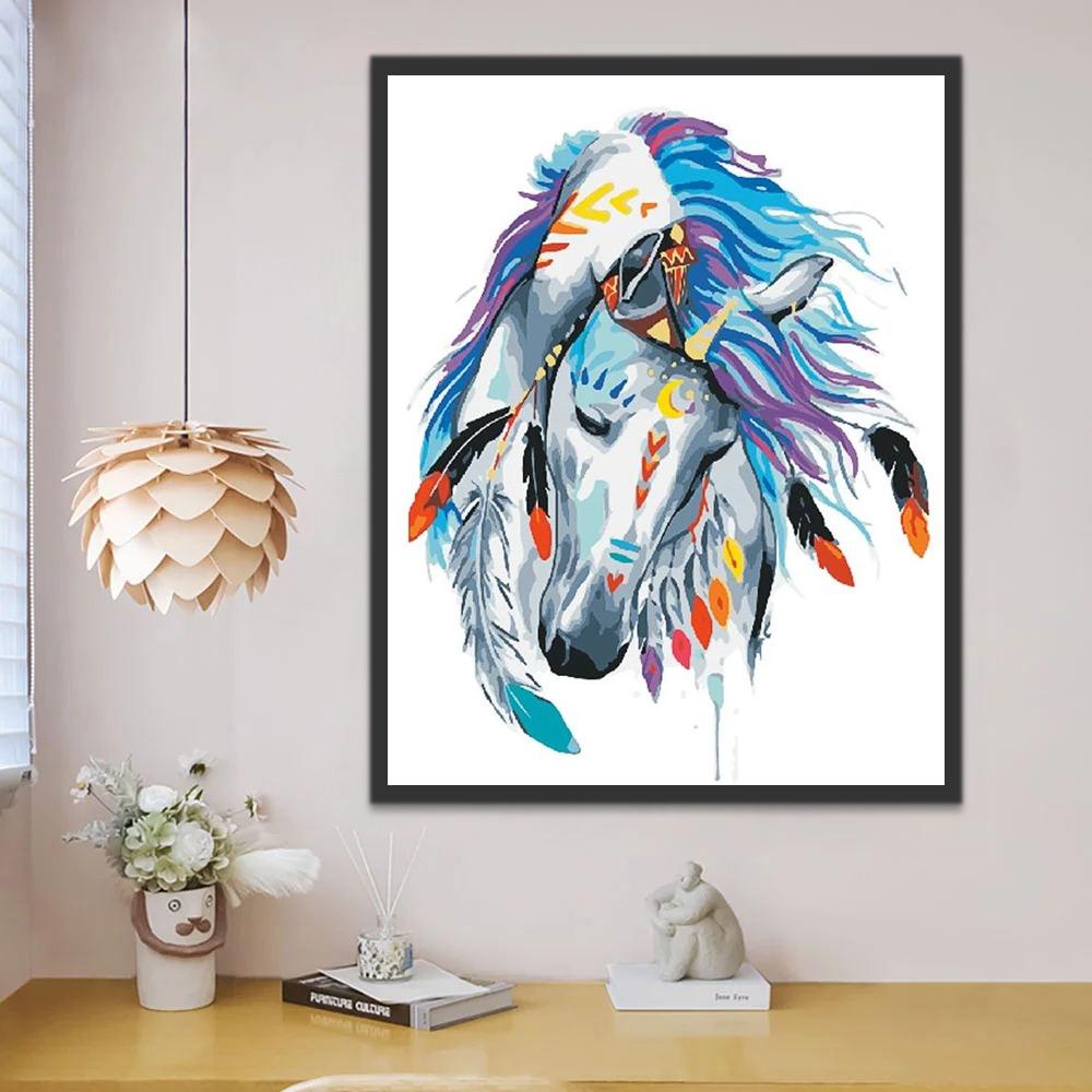 Caballo Blanco con Melena Morada y Azul y Tocado de Plumas Pintar por Números