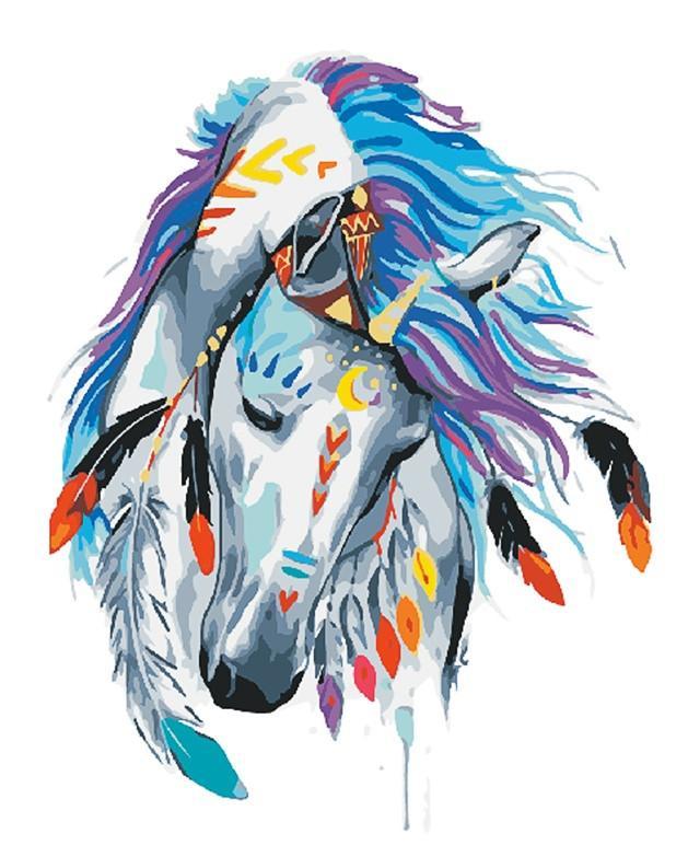 Caballo Blanco con Melena Morada y Azul y Tocado de Plumas Pintar por Números