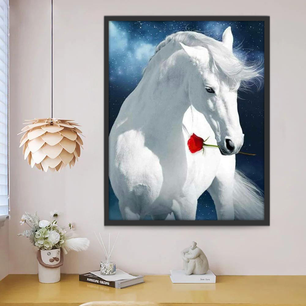 Caballo Blanco con una Rosa Roja en Su Boca Pintar por Números
