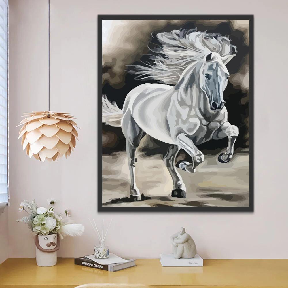 Caballo Blanco Corriendo y Fondo Blanco y Negro Pintar por Números