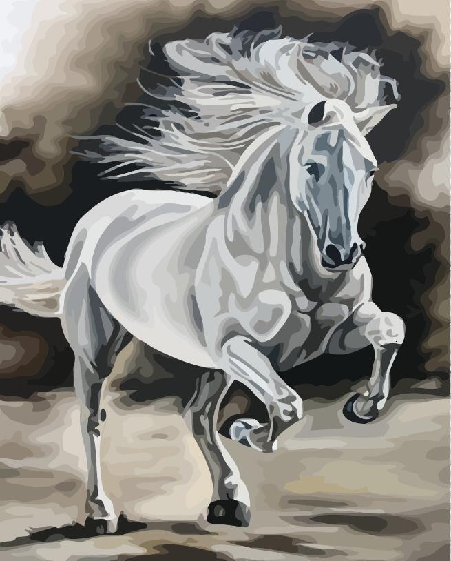 Caballo Blanco Corriendo y Fondo Blanco y Negro Pintar por Números
