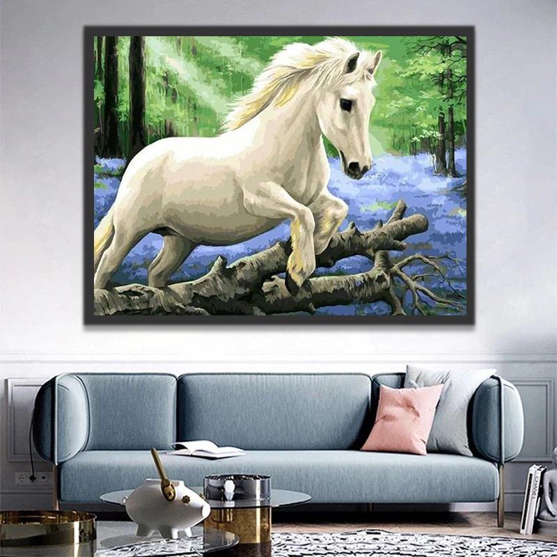 Caballo Blanco Saltando sobre Rama Rota Pintar por Números