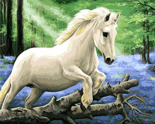 Caballo Blanco Saltando sobre Rama Rota Pintar por Números
