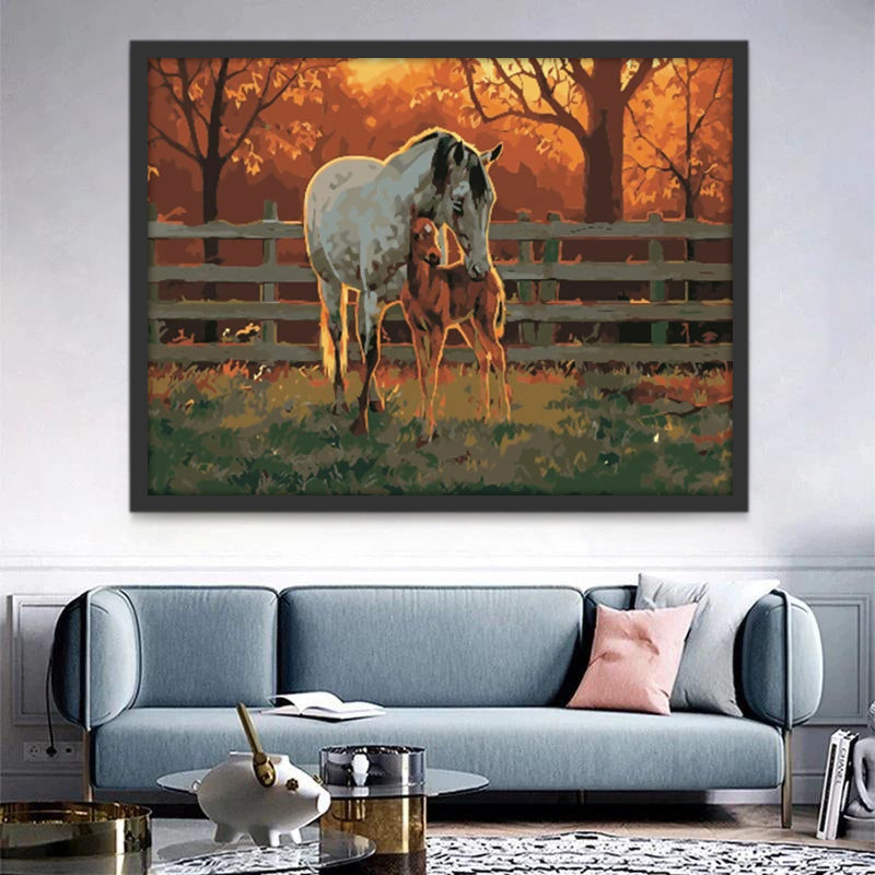 Caballo Blanco y Caballo Marrón en Otoño Pintar por Números