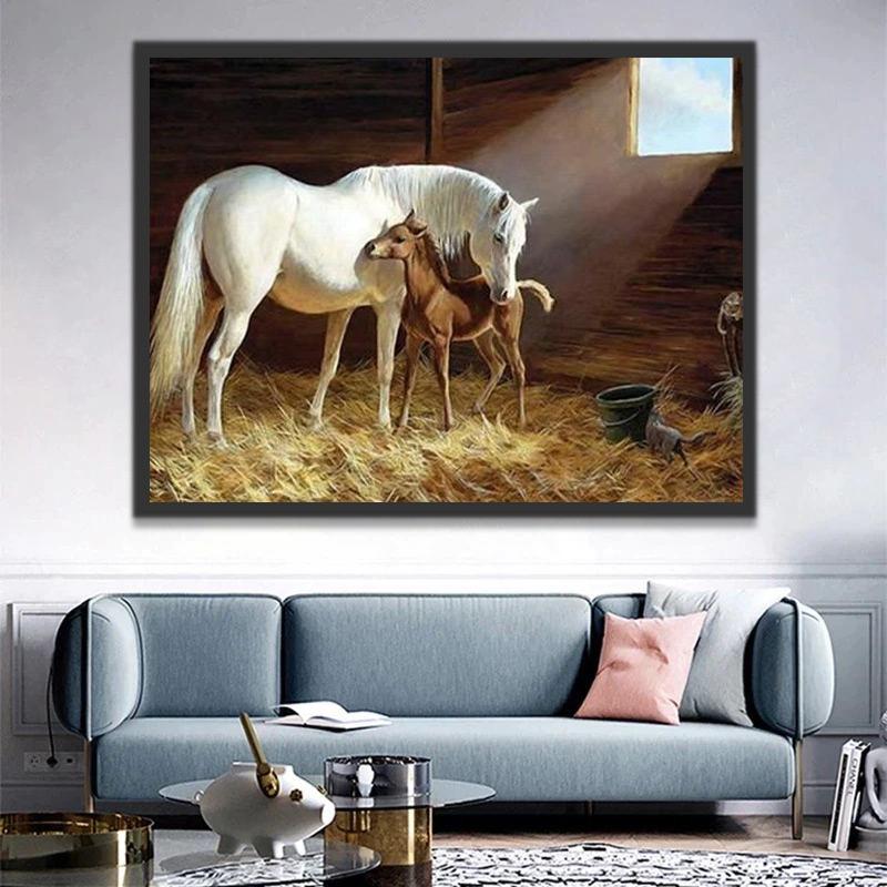 Caballo Blanco y Caballo Pequeño en Caballeriza Pintar por Números