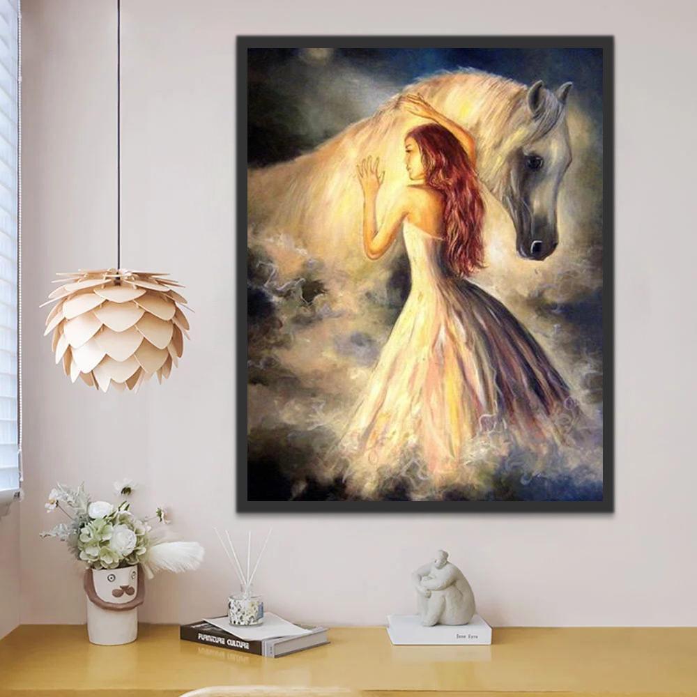 Caballo Blanco y Chica de Vestido Blanco Pintar por Números