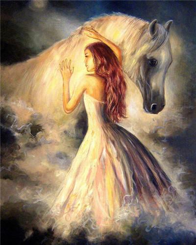 Caballo Blanco y Chica de Vestido Blanco Pintar por Números