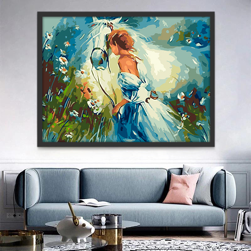 Caballo Blanco y Chica en las Flores Pintar por Números