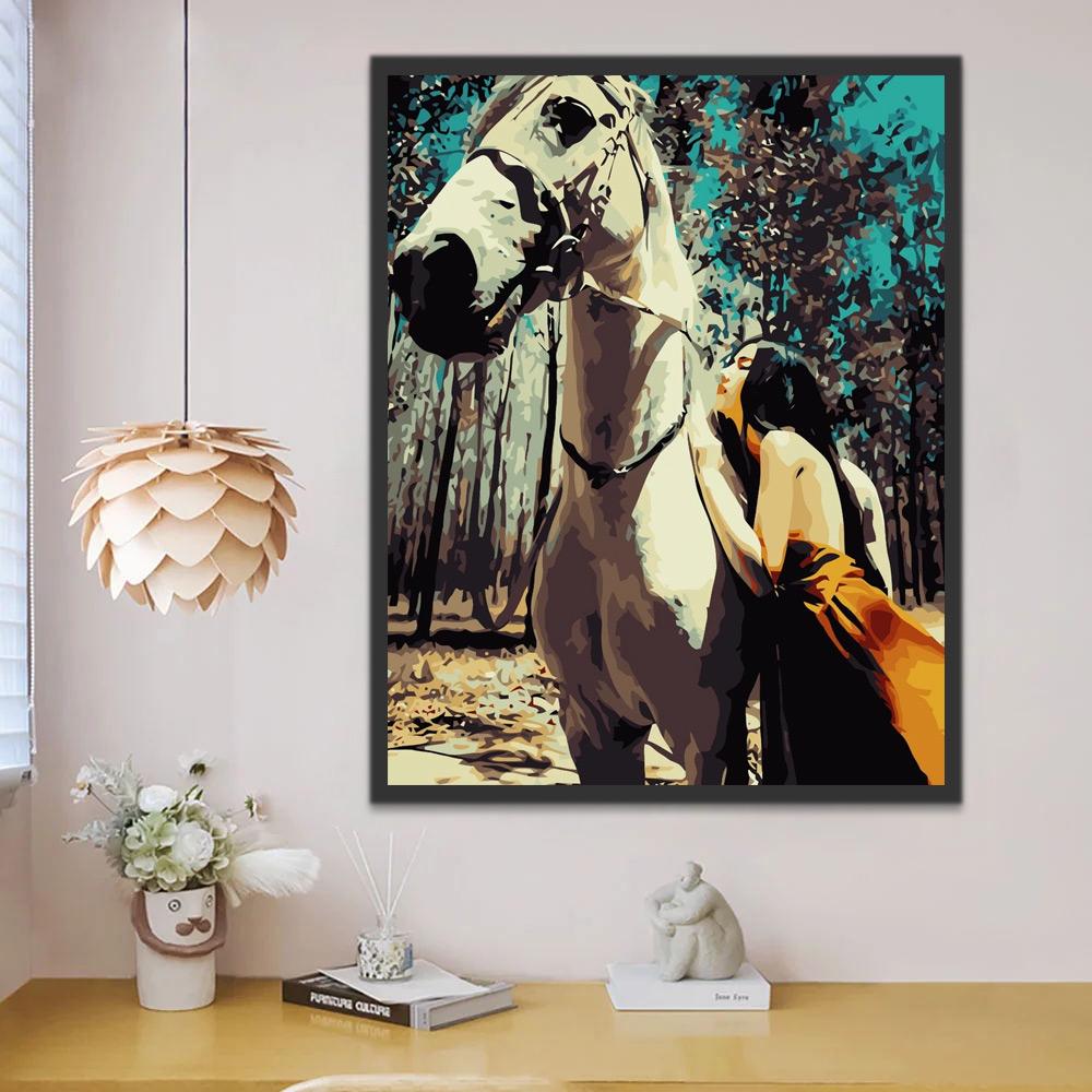 Caballo Blanco y Mujer en Bosque de Otoño Pintar por Números