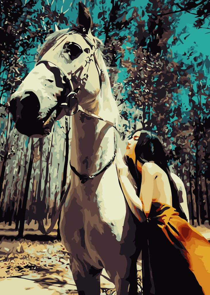 Caballo Blanco y Mujer en Bosque de Otoño Pintar por Números
