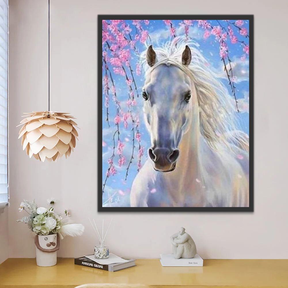 Caballo Blanco y Ramas de Flores Rosadas Pintar por Números