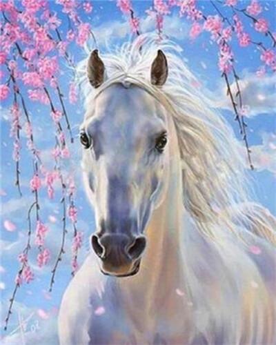 Caballo Blanco y Ramas de Flores Rosadas Pintar por Números