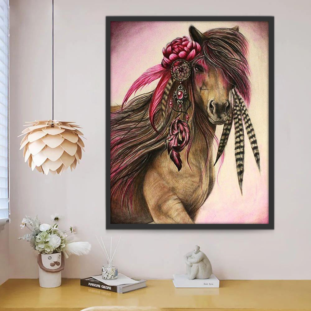 Caballo con Tocado de Flores y Plumas Pintar por Números