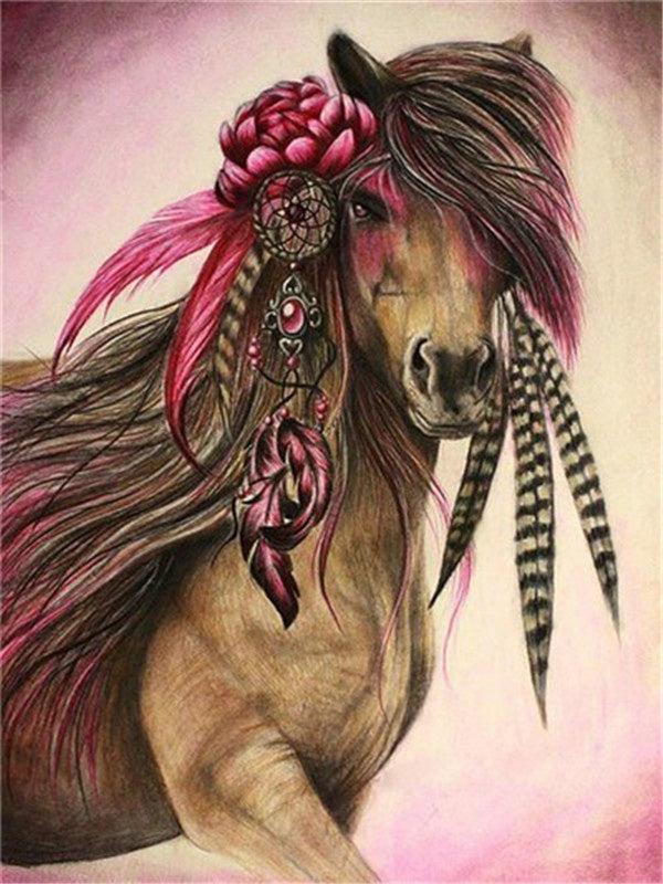 Caballo con Tocado de Flores y Plumas Pintar por Números