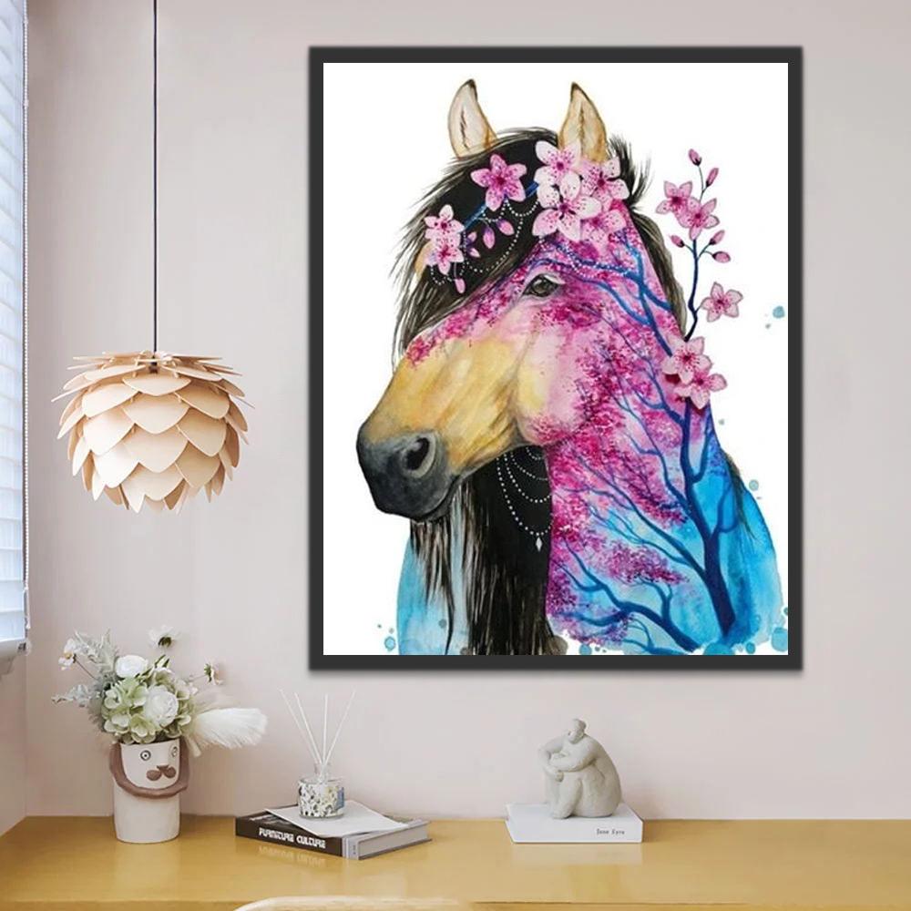 Caballo de Árbol de Flores Rosadas Pintar por Números