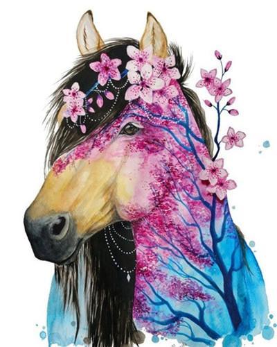 Caballo de Árbol de Flores Rosadas Pintar por Números