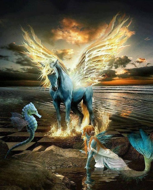 Caballo de Mar y Sirena y Unicornio Azul Pintar por Números