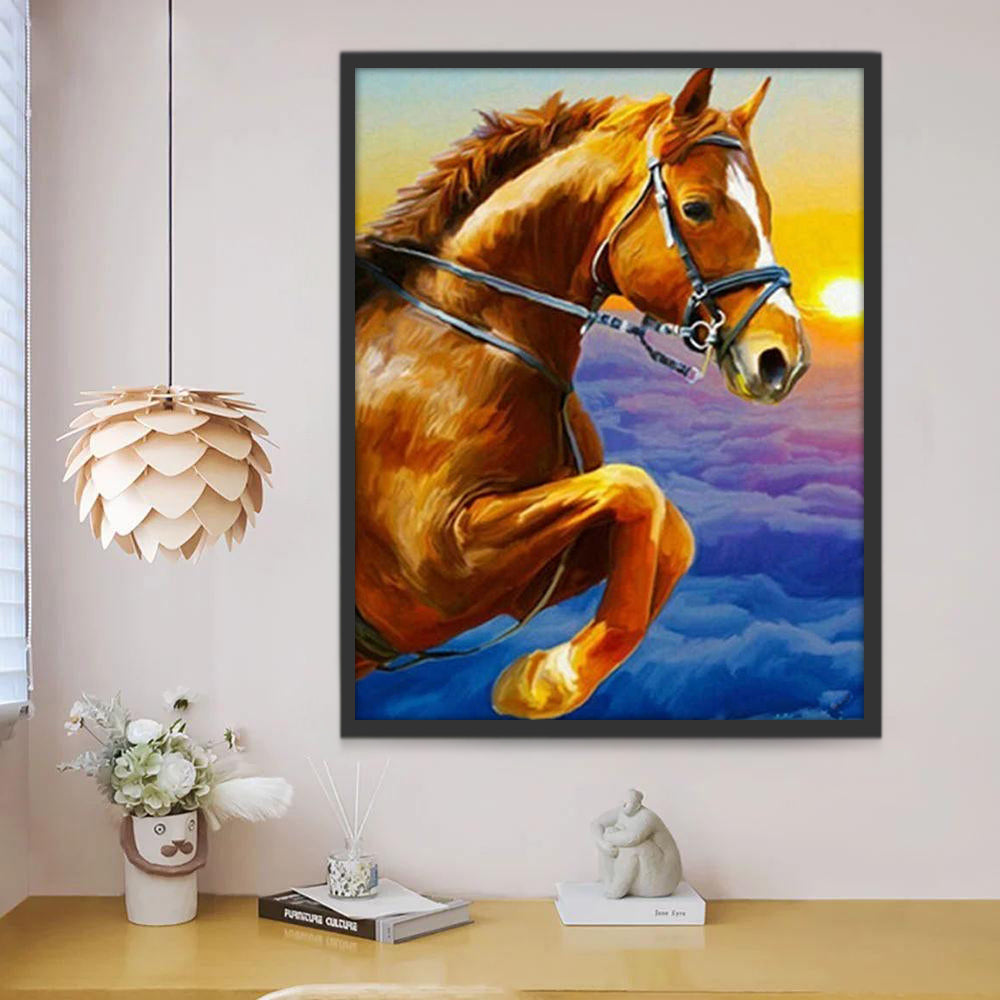 Caballo Marrón sobre las Nubes y Puesta del Sol Pintar por Números