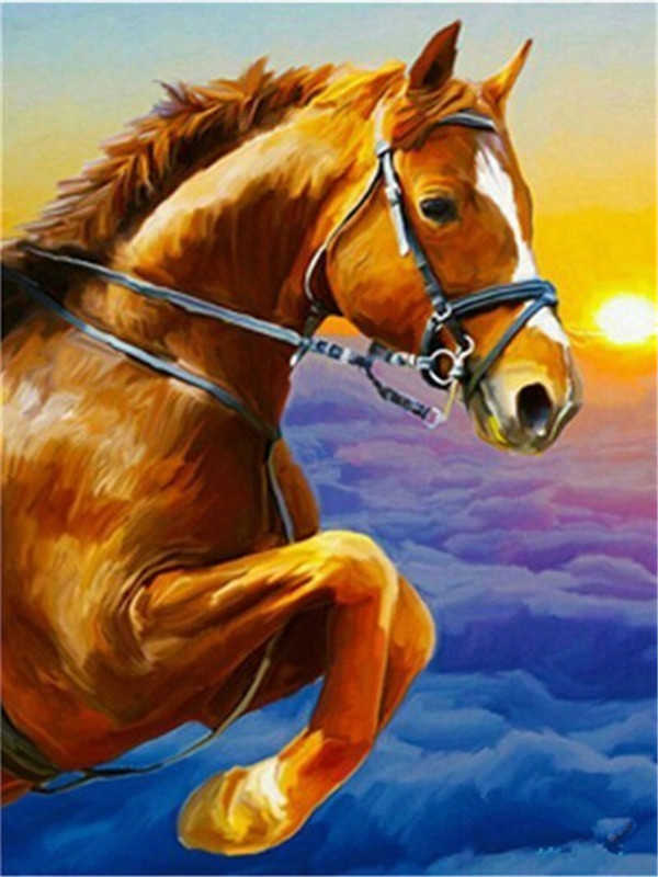 Caballo Marrón sobre las Nubes y Puesta del Sol Pintar por Números