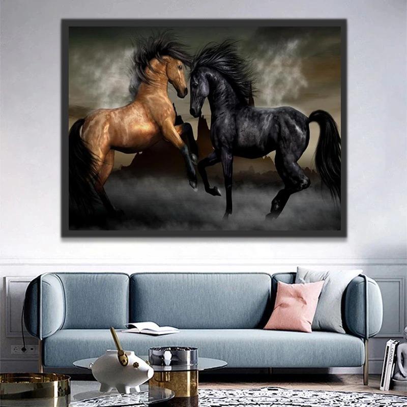 Caballo Marrón y Caballo Negro Peleando Pintar por Números