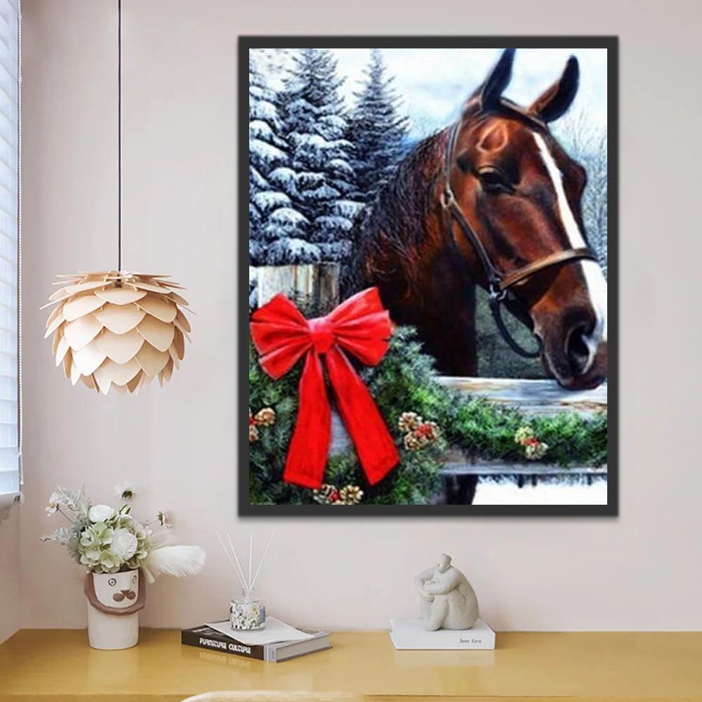 Caballo Marrón y Guirnalda de Navidad Pintar por Números