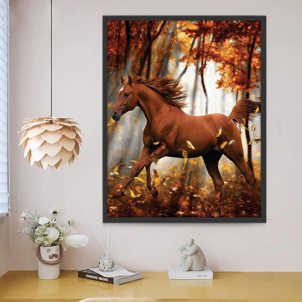 Caballo Marrón y Hojas Caídas en Bosque de Otoño Pintar por Números