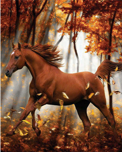 Caballo Marrón y Hojas Caídas en Bosque de Otoño Pintar por Números