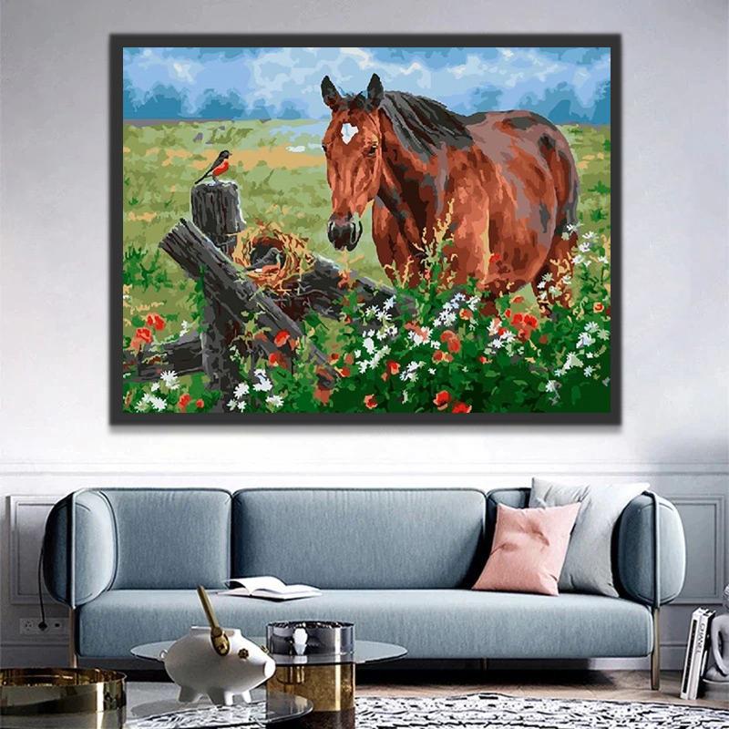 Caballo Marrón y Nido de Pájaro en los Arbustos Pintar por Números
