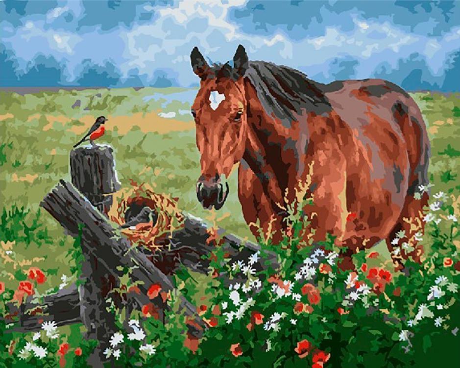 Caballo Marrón y Nido de Pájaro en los Arbustos Pintar por Números