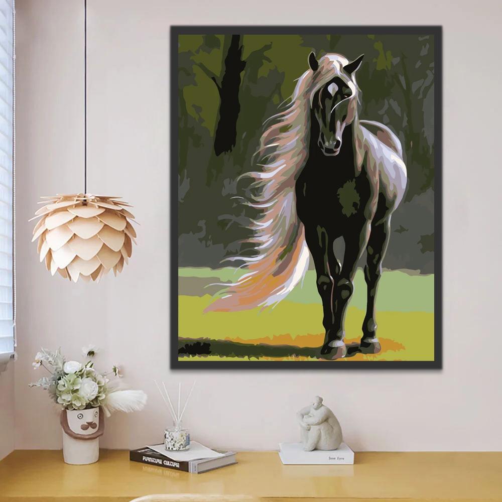Caballo Negro con Melena Blanca al Sol Pintar por Números
