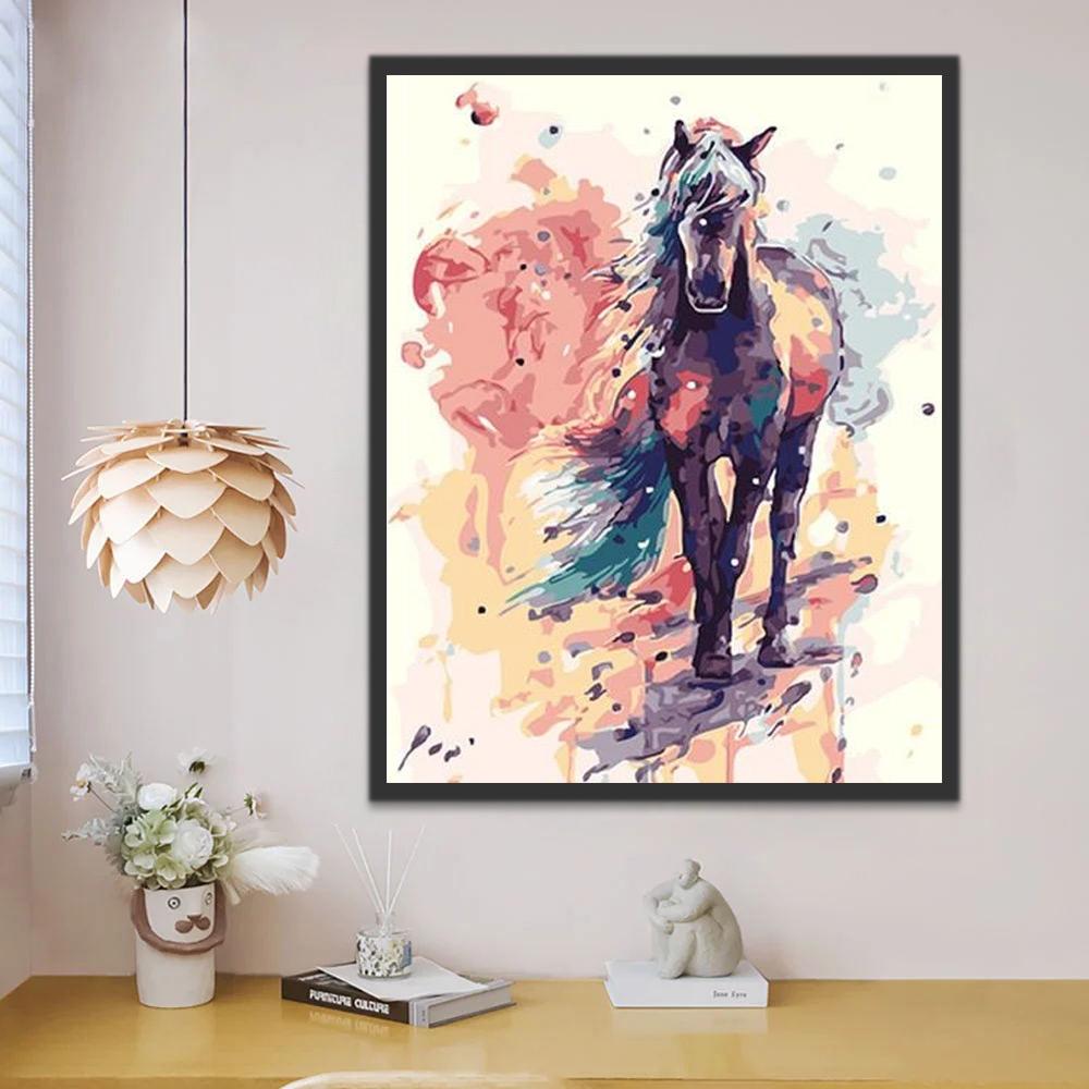 Caballo Negro con Melena Verde y Fondo Colorido Pintar por Números
