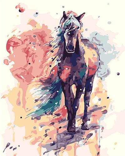 Caballo Negro con Melena Verde y Fondo Colorido Pintar por Números