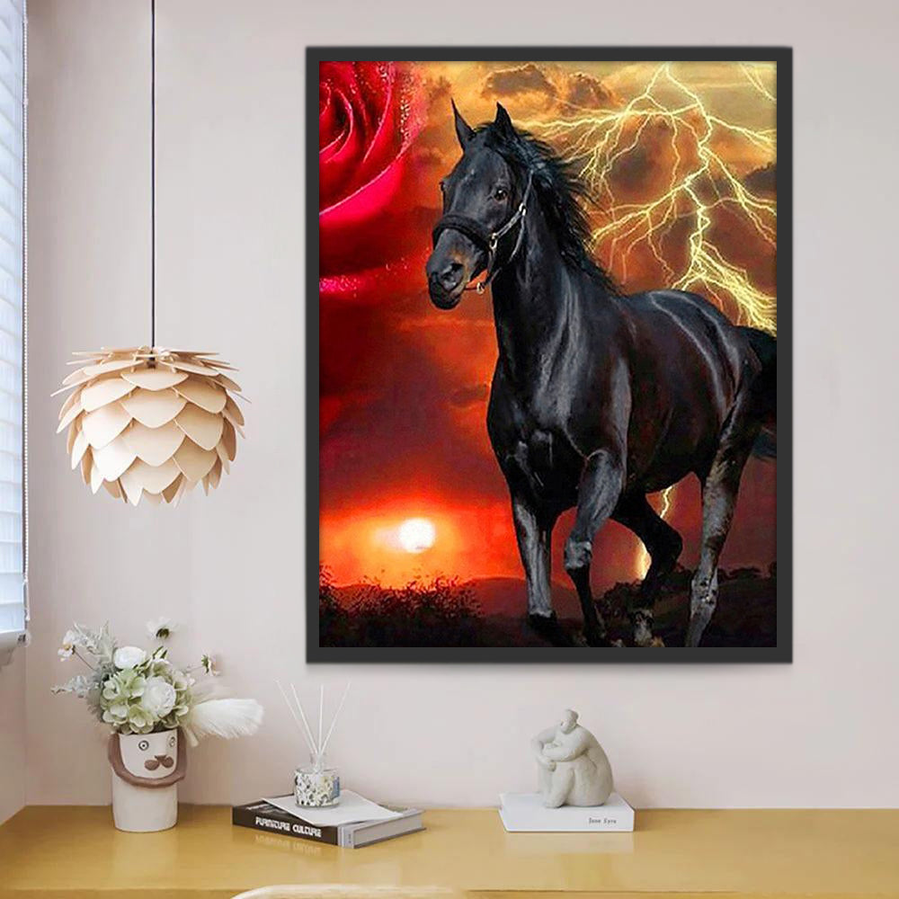 Caballo Negro con Rosa Roja y Relámpagos en el Cielo Pintar por Números