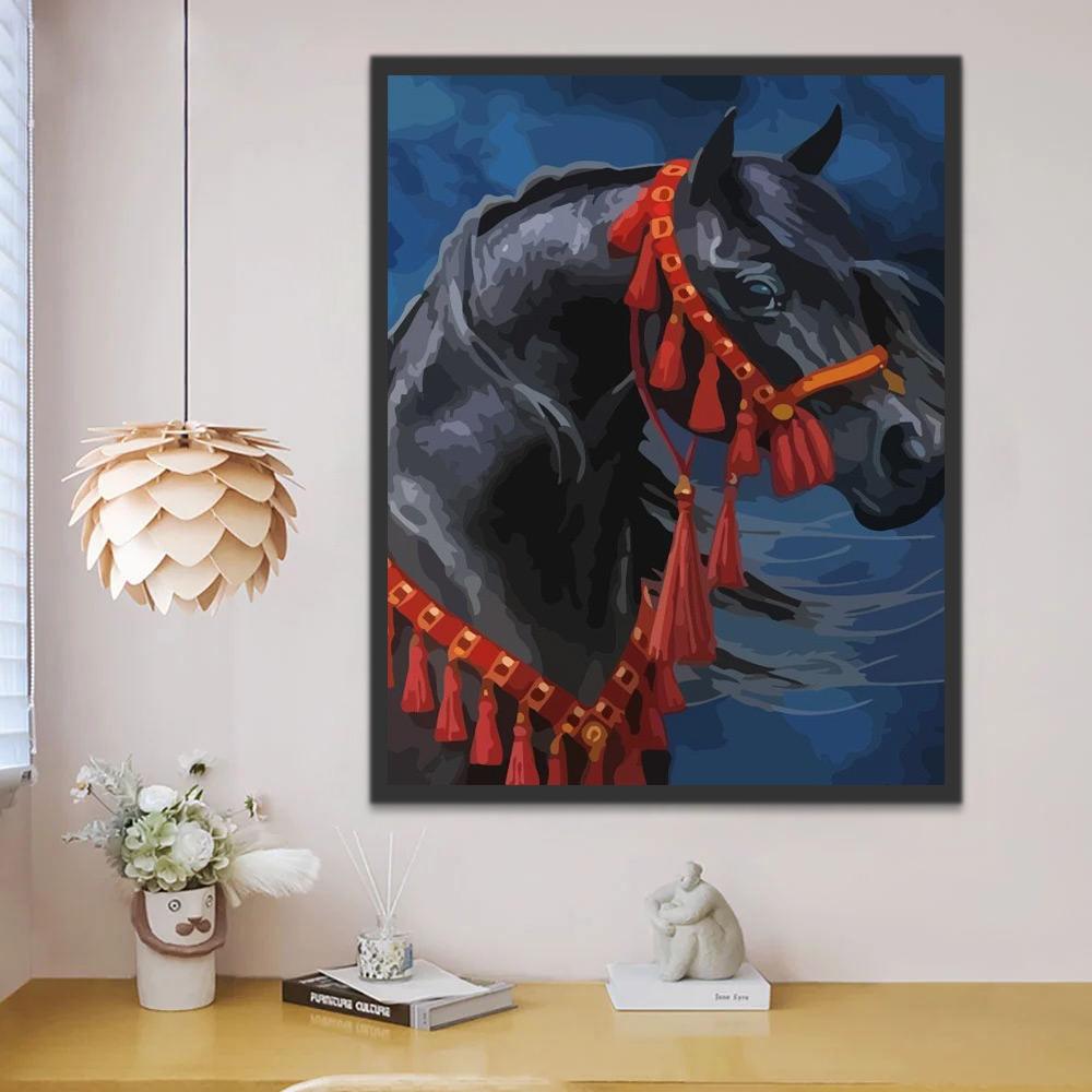 Caballo Negro con Tocado Rojo Pintar por Números