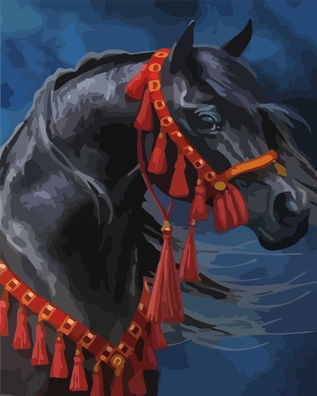 Caballo Negro con Tocado Rojo Pintar por Números