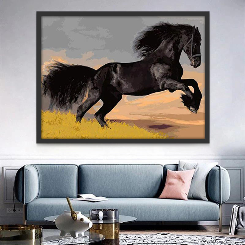 Caballo Negro Corriendo en Césped Amarillo Pintar por Números