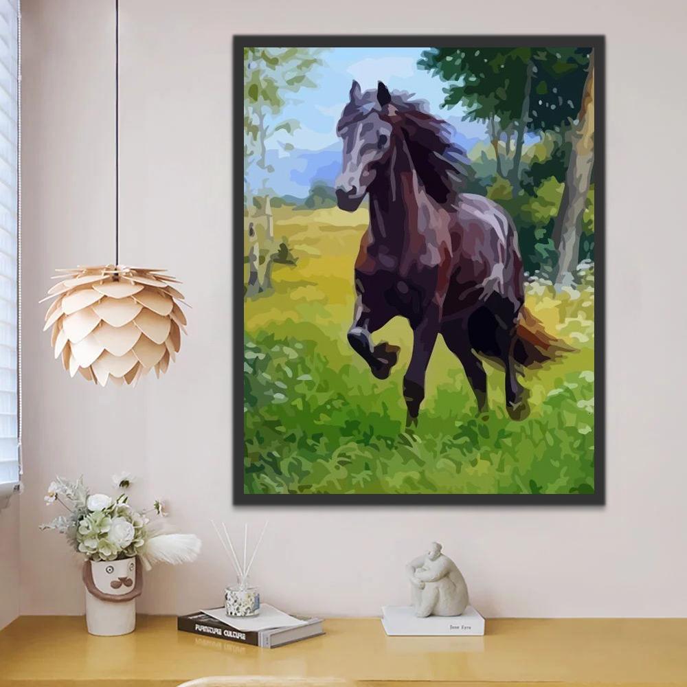 Caballo Negro Corriendo por Césped Pintar por Números