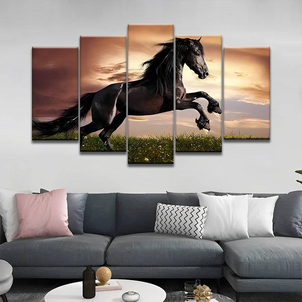 Caballo Negro Corriendo sobre Césped Verde 5 Partes Pintar por Números