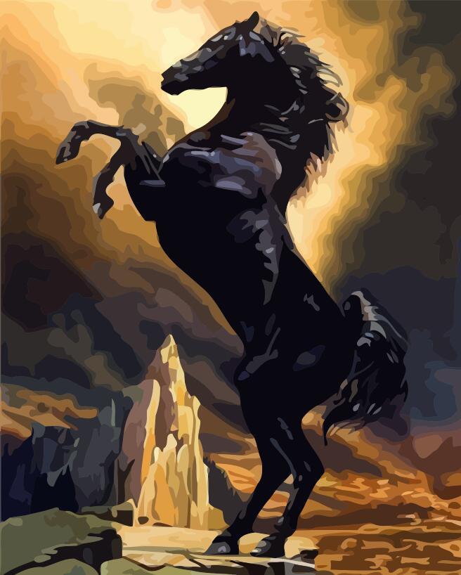 Caballo Negro de Pie con Dos Patas sobre Roca Pintar por Números