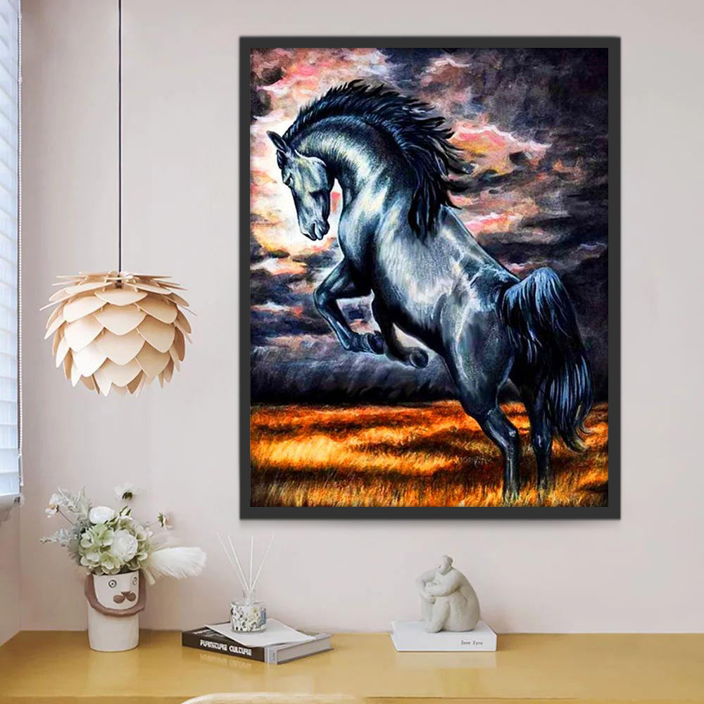 Caballo Negro en Hierba Anaranjada Pintar por Números