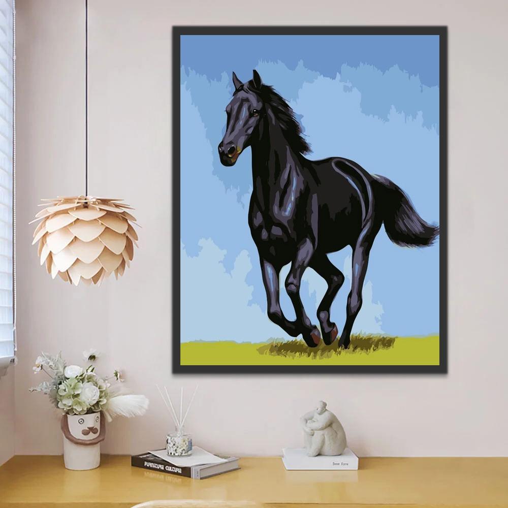 Caballo Negro y Hierba Verde y Cielo Azul Pintar por Números