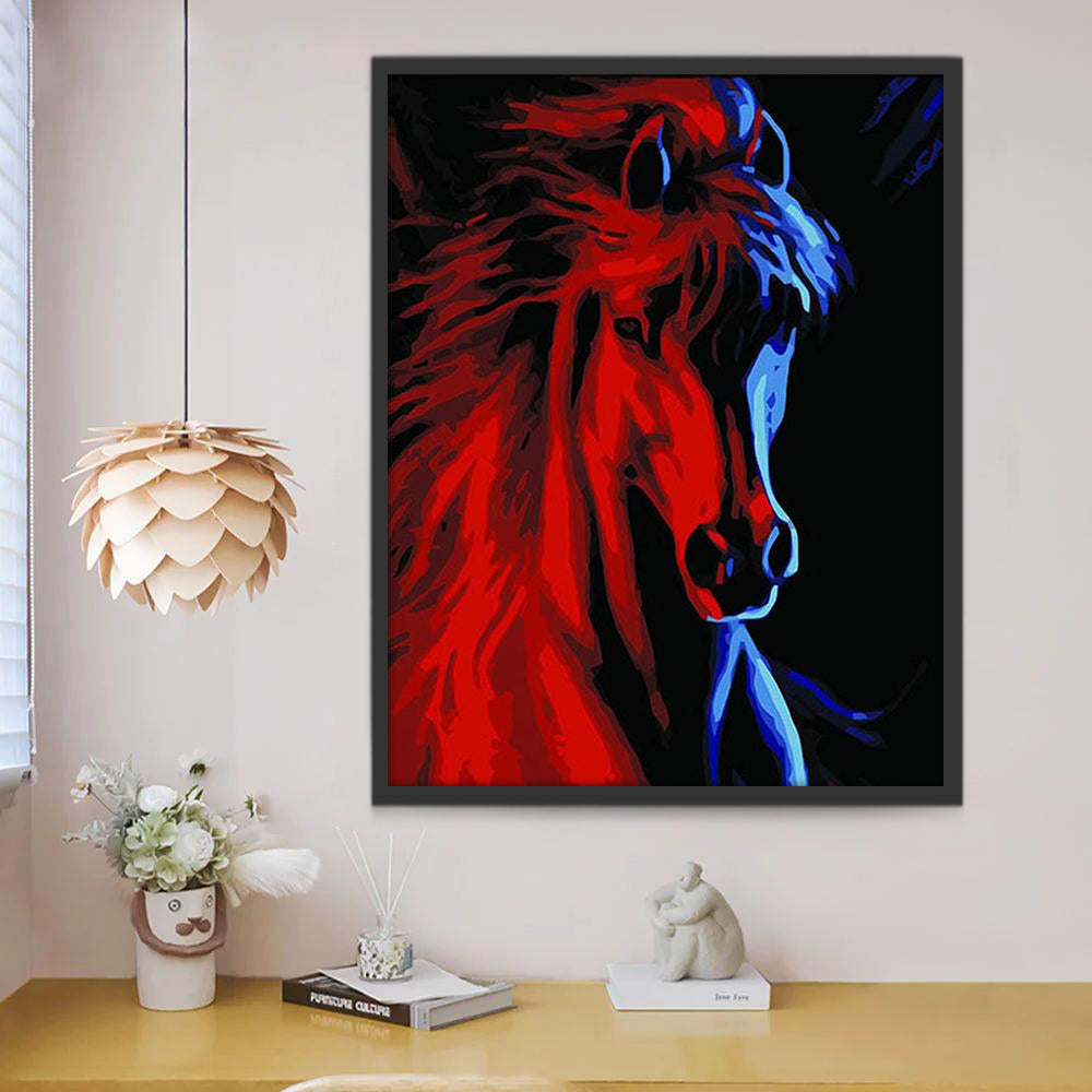 Caballo Rojo y Azul con Fondo Negro Pintar por Números